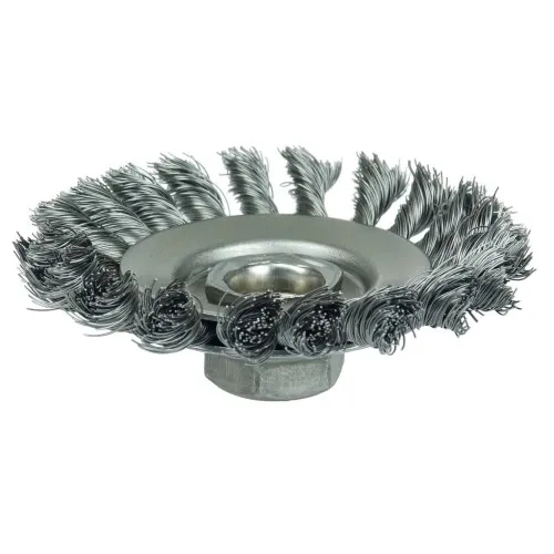Weiler Knot Wire Bevel Brush 4″, .020″ Steel Fill, 5/8″-11 UNC Nut 13426