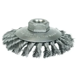 Weiler Knot Wire Bevel Brush 4″, .020″ Steel Fill, 5/8″-11 UNC Nut 13426