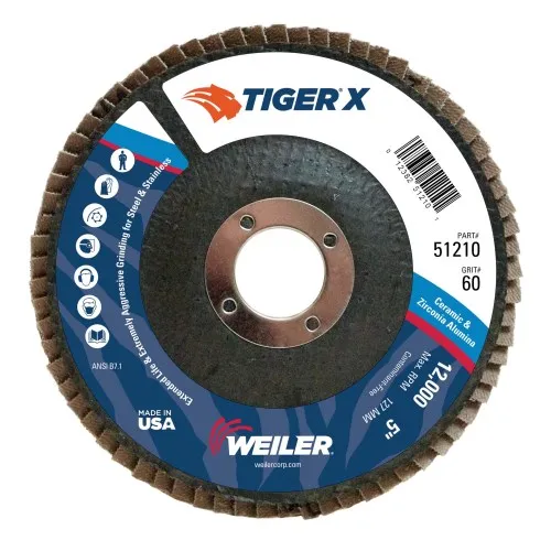 Weiler 5″ Tiger X Flap Disc, Conical (TY29) 51210 (10 Pk)