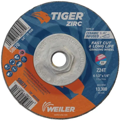 Weiler 4-1/2″ x 1/4″ TIGER ZIRC Type 27 Grinding Wheel 58070 (10 Pk)