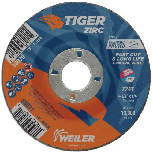 Weiler 4-1/2″ x 1/4″ TIGER ZIRC Type 27 Grinding Wheel 58071 (10 Pk)