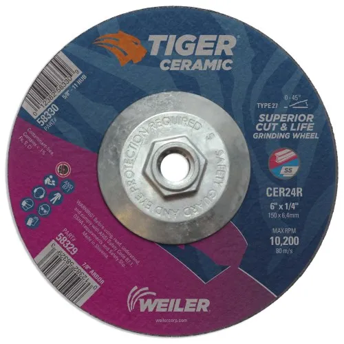 Weiler 6″ x 1/4″ TIGER CERAMIC Type 27 Grinding Wheel CER24R #58330 (10Pk)