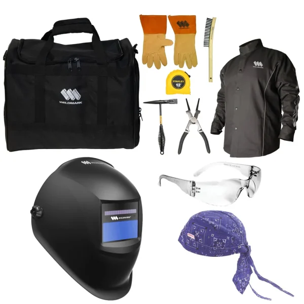 WELDMARK® VOTECH-PKG-L Includes Black AD Helmet, Do-Rag, Large Welding Jacket, Gloves, Chipping Hammer,MIG Pliers, Scratch Brush, Tape Measure, Tool Bag