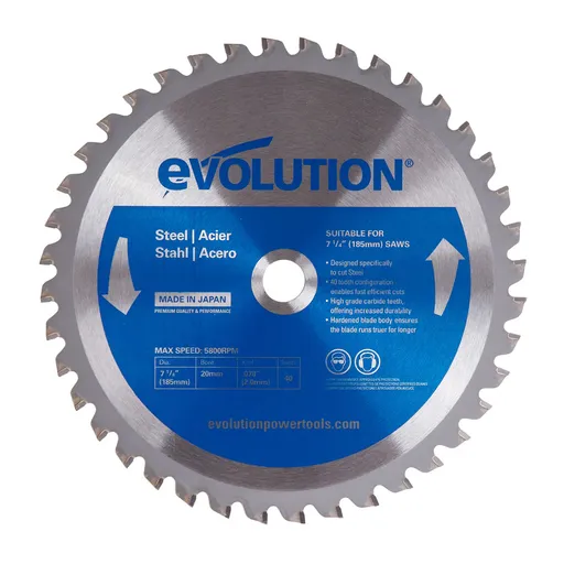 Evolution Mild Steel TCT Blade, 7-1/4″ Dia, 40T, 20 mm Arbor, 3,900 RPM | 185BLADEST