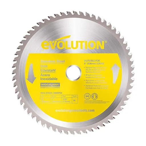 Evolution Stainless Steel TCT Blade, 9″ Dia, 60T, 1″ Arbor, 3,000 RPM | 230BLADESSN