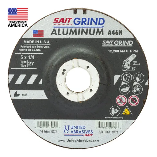 United Abrasives A46N Aluminum Grinding Wheel, Type 27, 5″ x 1/4″ x 7/8″ | 20072