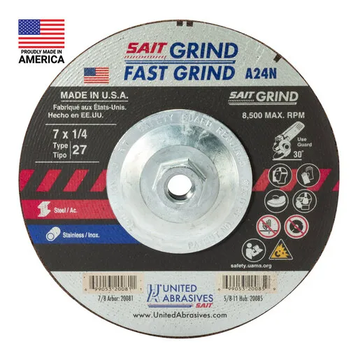 United Abrasives A24N Fast Grinding Grind Wheel, Type 27, 7″ x 1/4″ x 5/8″-11 | 20085
