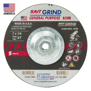 United Abrasives A24R Long Life Grinding Wheel, Type 27, 7″ x 1/4″ x 5/8″-11 | 20086