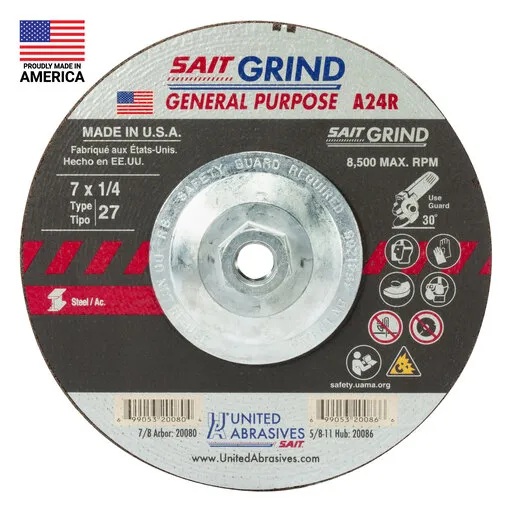 United Abrasives A24R Long Life Grinding Wheel, Type 27, 7″ x 1/4″ x 5/8″-11 | 20086