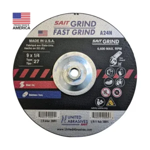 United Abrasives A24N Fast Grinding Grind Wheel, Type 27, 9″ x 1/4″ x 5/8″-11 | 20095