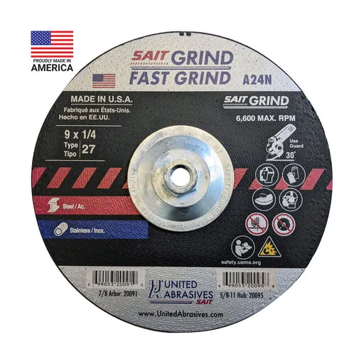 United Abrasives A24N Fast Grinding Grind Wheel, Type 27, 9″ x 1/4″ x 5/8″-11 | 20095
