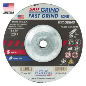 United Abrasives A24N Fast Grinding Grind Wheel, Type 27, 6″ x 1/4″ x 5/8″-11 | 20178
