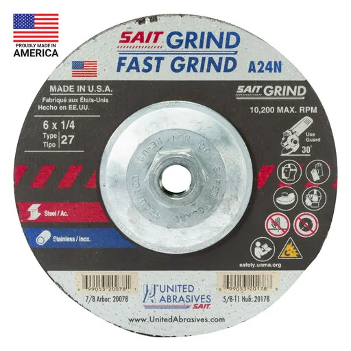 United Abrasives A24N Fast Grinding Grind Wheel, Type 27, 6″ x 1/4″ x 5/8″-11 | 20178