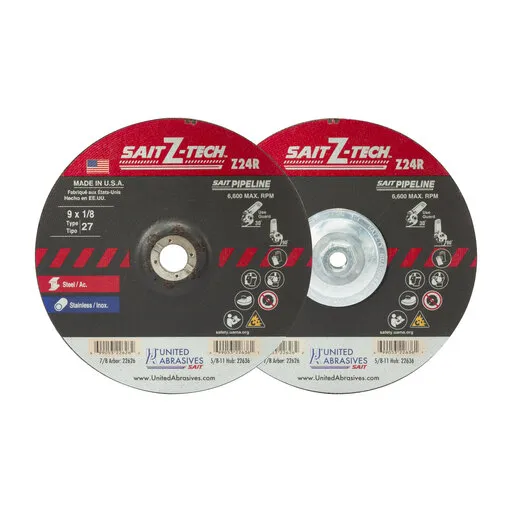 United Abrasives Sait Z-Tech Pipeline HP Grind Wheel, T27, 9″ x 1/8″ x 5/8″-11 | 22636