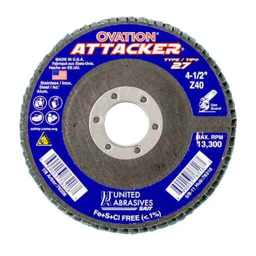 United Abrasives Ovation Attacker HD Flap Disc, T27, 4-1/2″ x 7/8″, 60 Grit | 76208
