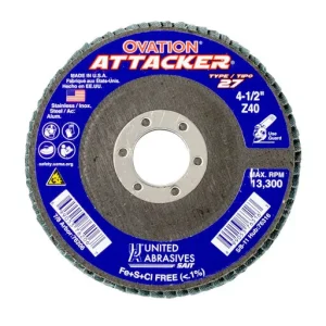 United Abrasives Ovation Attacker HD Flap Disc, T27, 4-1/2″ x 5/8″-11, 40 G | 76316