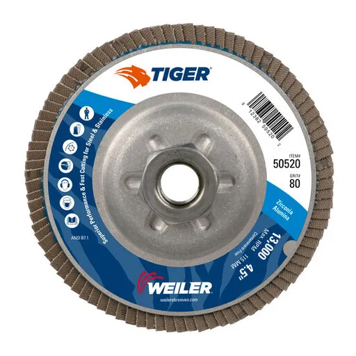 Weiler Tiger Flap Disc, T29, Aluminum Backing, 80Z, 4-1/2″ x 5/8″-11 | 50520