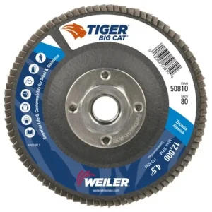 Weiler Big Cat Abrasive Flap Disc, Type 27 80 Grit, 5/8″-11 UNC Nut, 4-1/2″ Dia | 50810